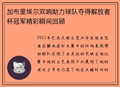 加布里埃尔双响助力球队夺得解放者杯冠军精彩瞬间回顾 加布里埃尔双响助力球队夺得解放者杯冠军精彩瞬间回顾